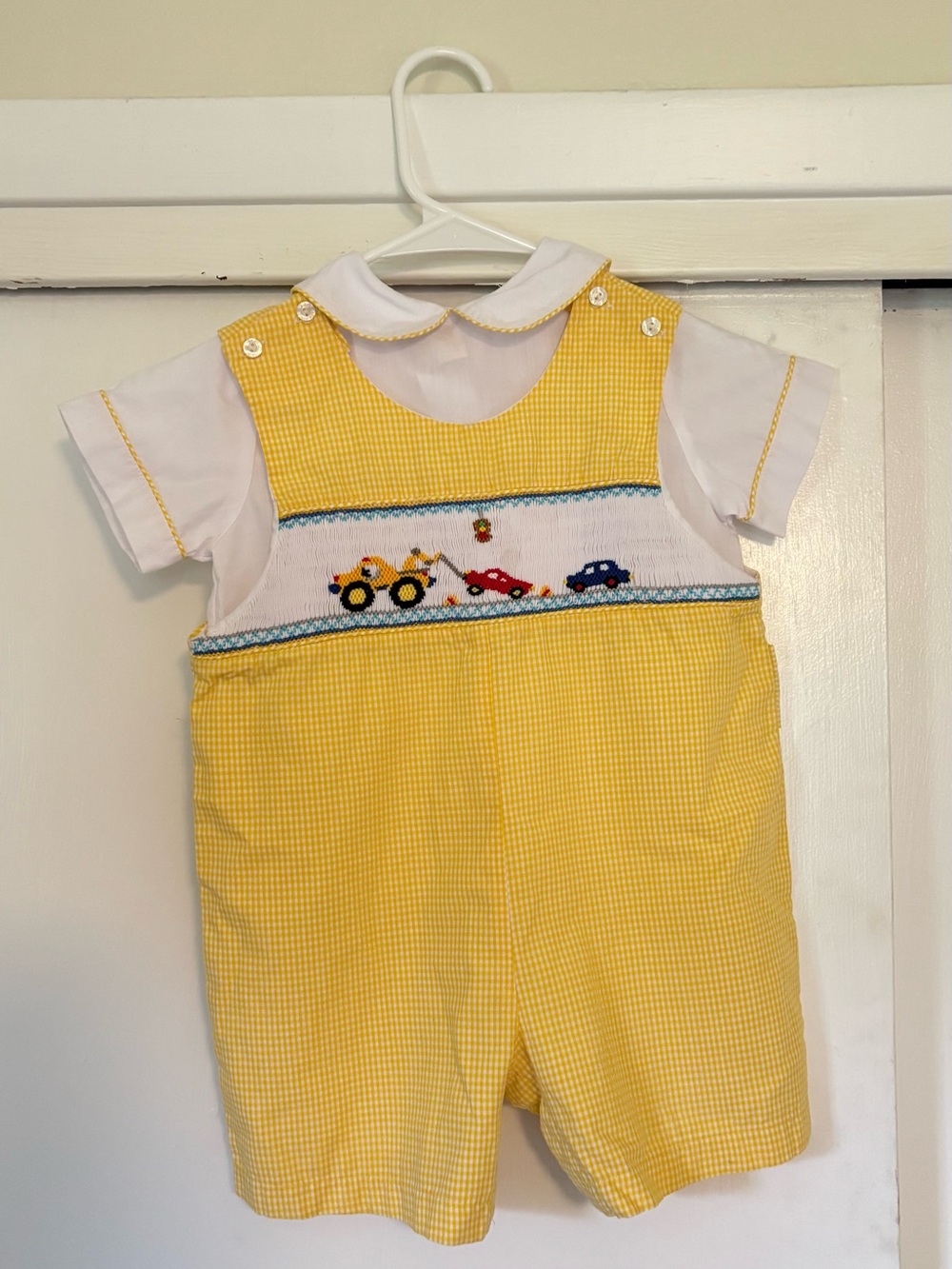 Sir John Yellow Gingham Smocked Boys' Shortalls with Car Embroidery